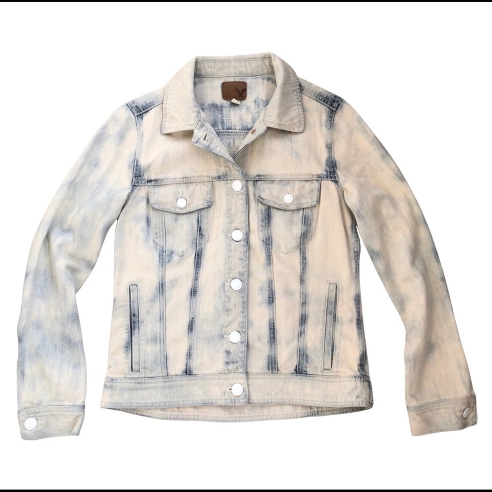 🤍 American Eagle White Bleached Denim Jacket Button Front Trucker Small Causal